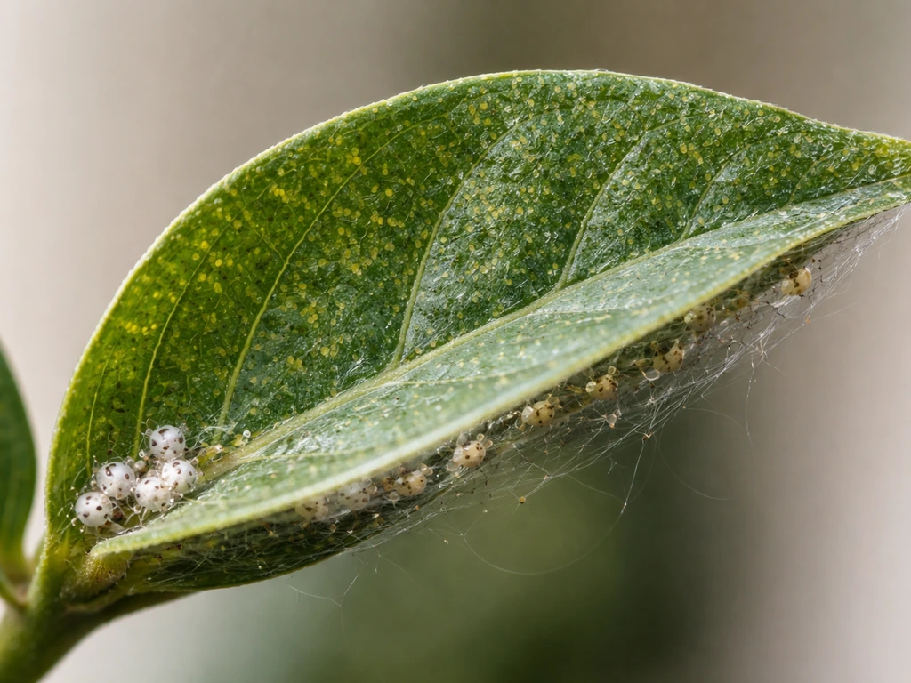 Close-up of a plant leaf with fine webbing and tiny yellow specks plus small white cottony mealybug clusters.