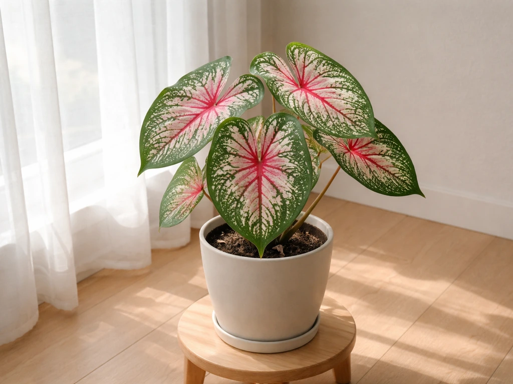 Caladium in a pot near a sheer-curtained window with bright, soft indirect light