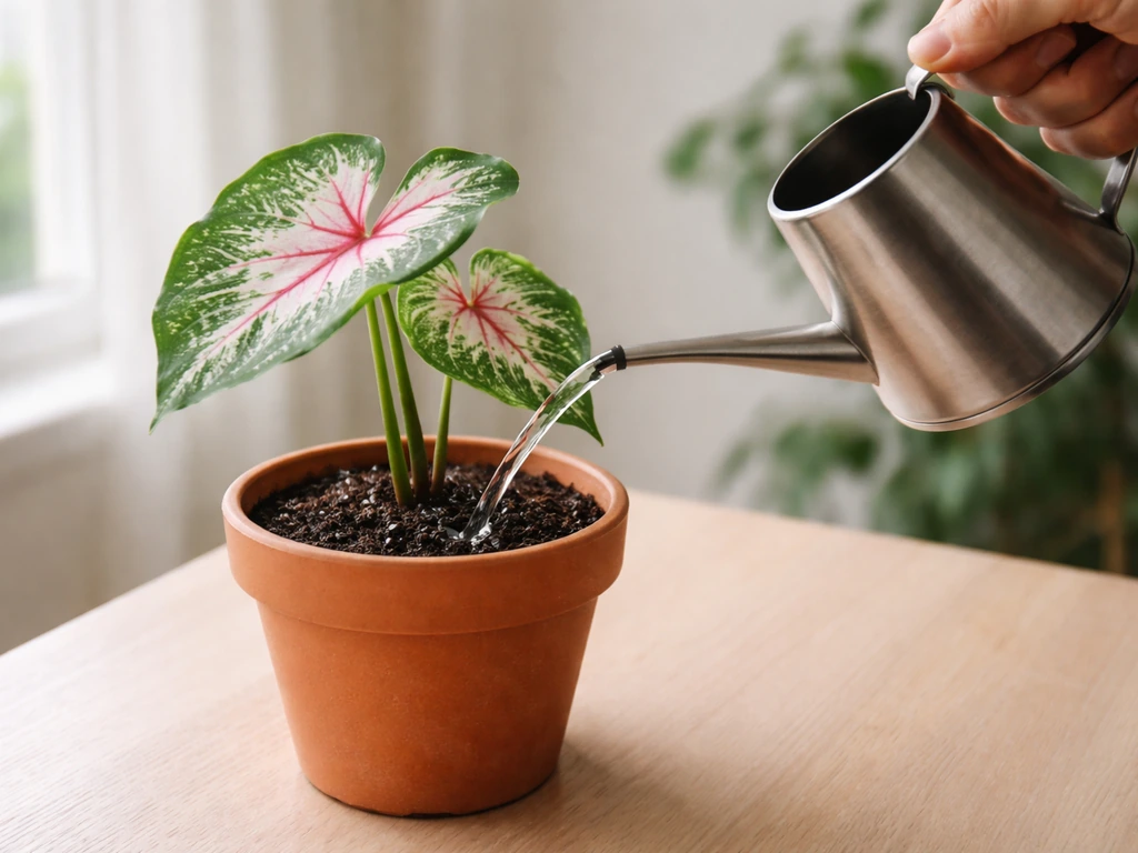 Hand watering a caladium pot; soil darkens evenly without becoming soggy.