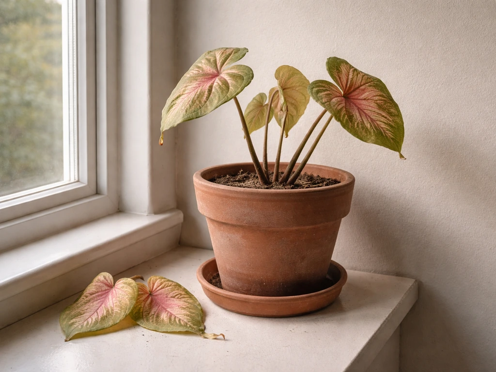 Caladium in a terracotta pot on a windowsill with fading leaves, showing indoor dormancy.