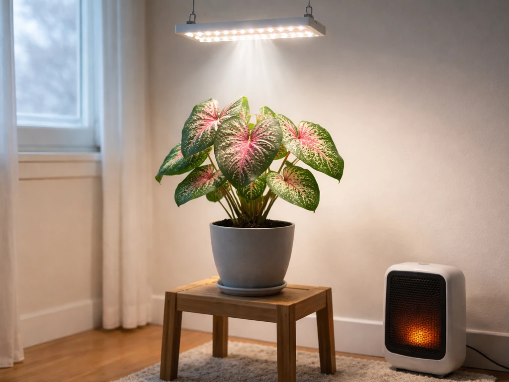 Caladium on a small plant stand under a full-spectrum grow light with a nearby warm heat source in winter.