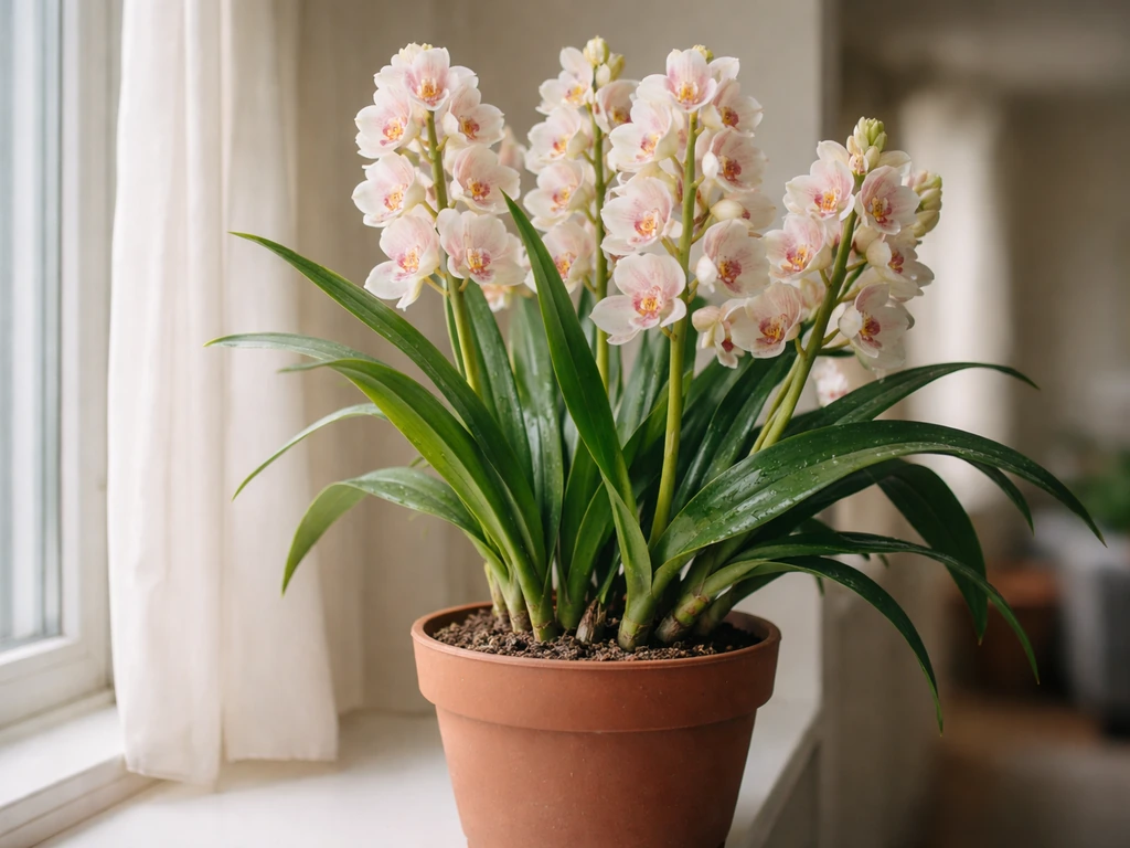 Blooming cymbidium orchid in a clay pot on a bright indoor windowsill with multiple flower spikes.