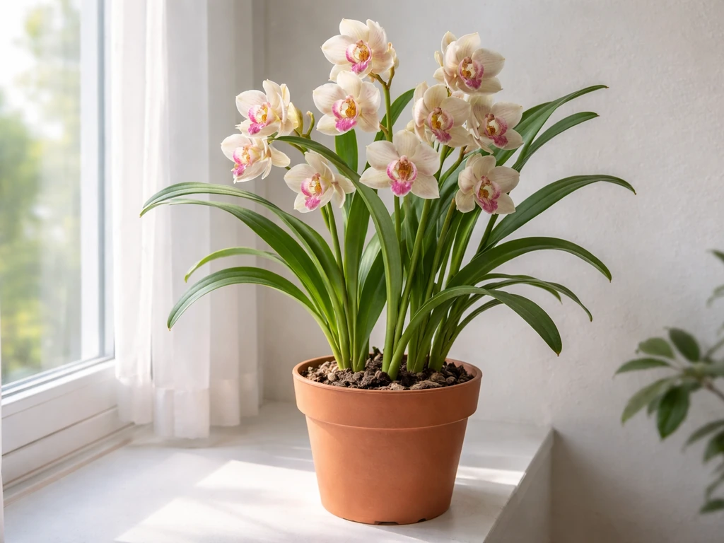 Cymbidium orchid on a windowsill with bright daylight, showing cool indoor light conditions
