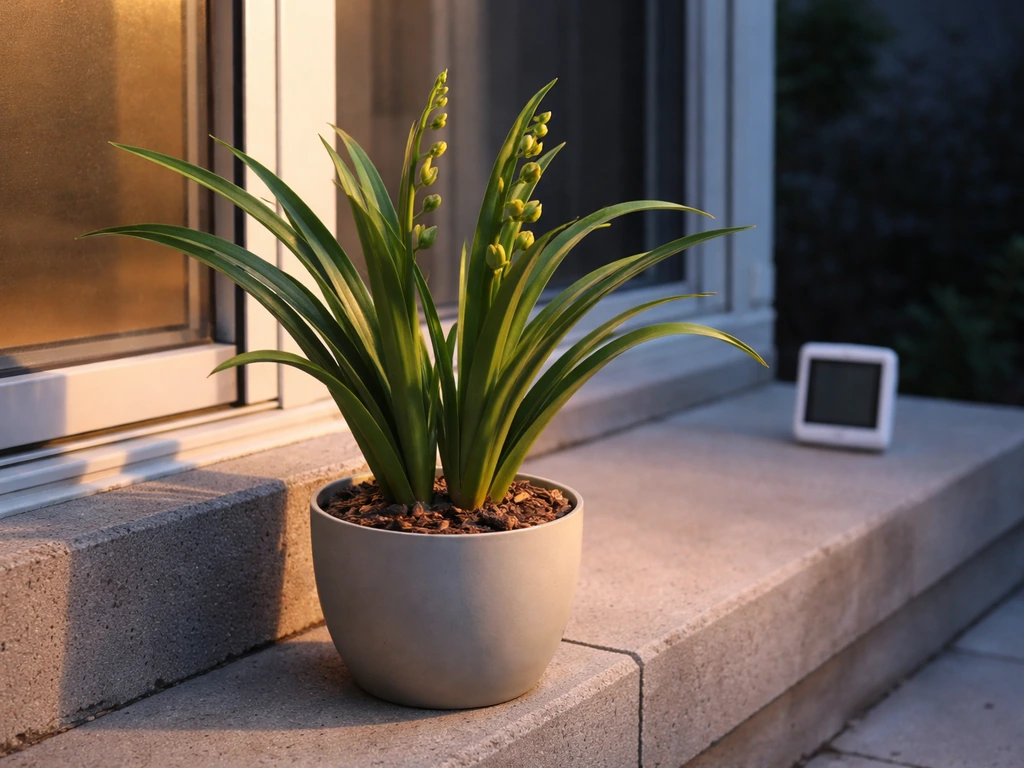 Potted cymbidium on a patio near a window with a visible thermometer suggesting day-night temperature swing.