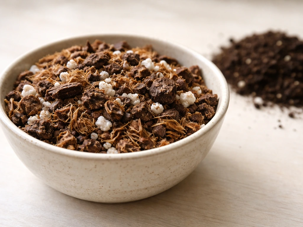 Close-up of a chunky cymbidium potting mix with bark, perlite, and coir/peat compared to finer soil.