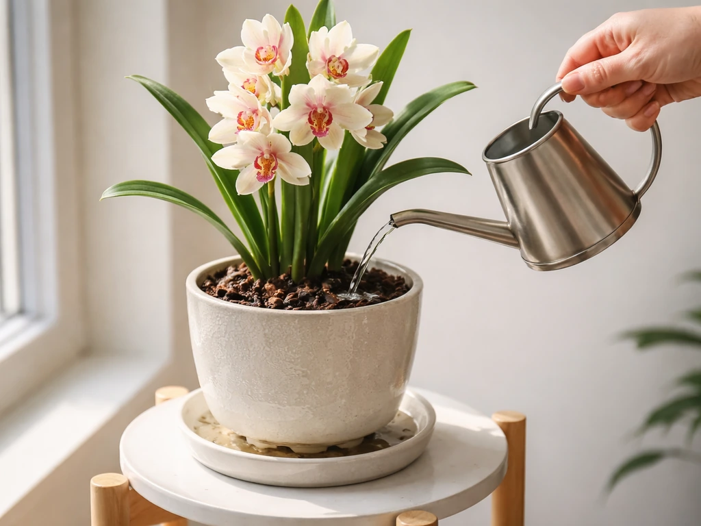 Hands watering a Cymbidium orchid in a pot, water running out drainage holes onto a saucer