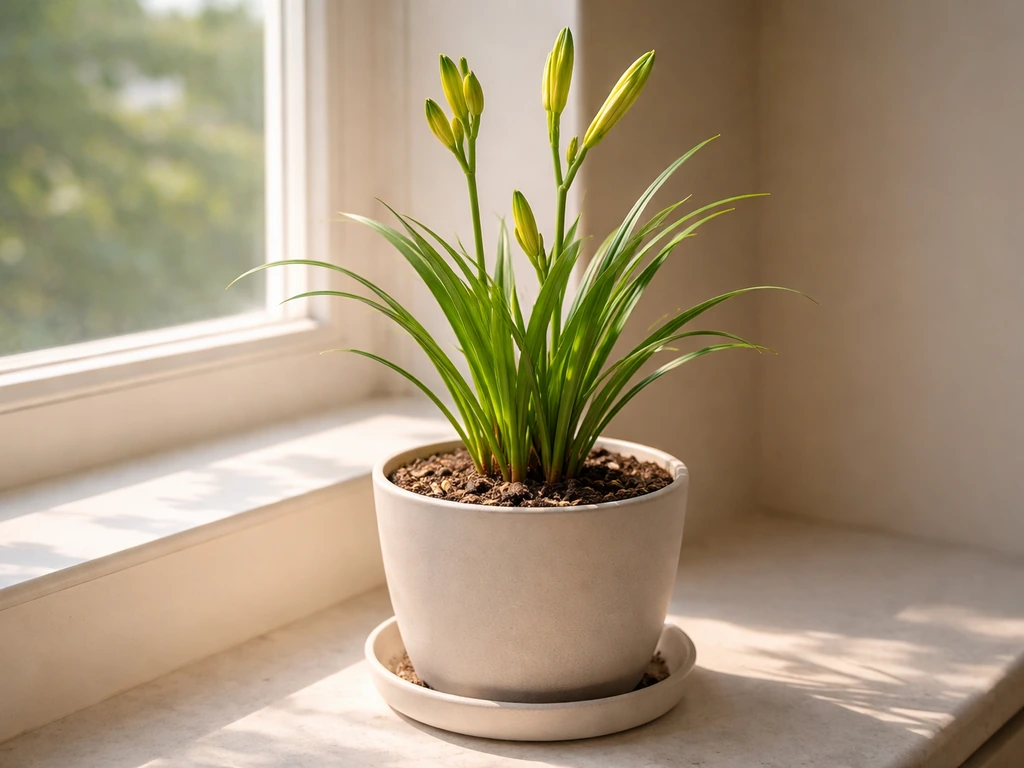 Potted daylily on a sunny windowsill, showing strong indoor light and proper setup for growing indoors.