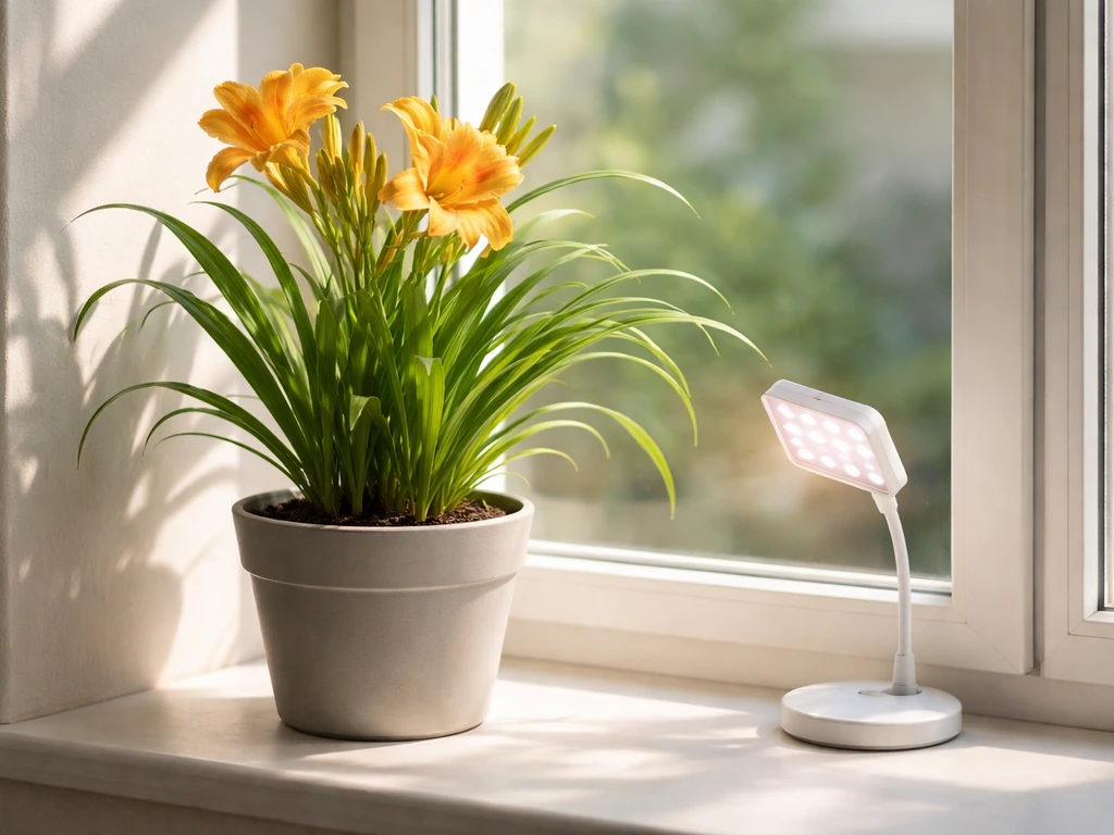 Potted indoor daylily by a bright south-facing window with a small grow light nearby
