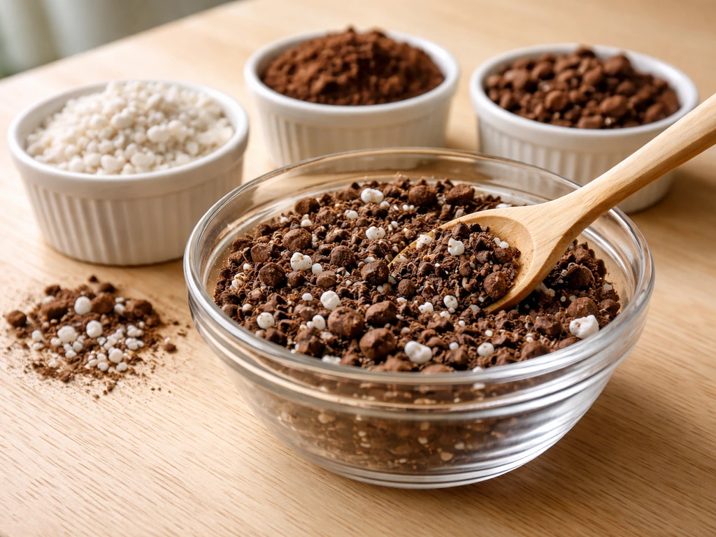 Close-up of soilless potting mix ingredients—coir/peat, bark, and perlite—mixed in a bowl.