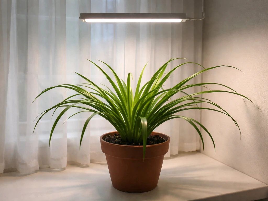 Indoor daylily with abundant leaves but no blooms beside an LED grow light on a windowsill.