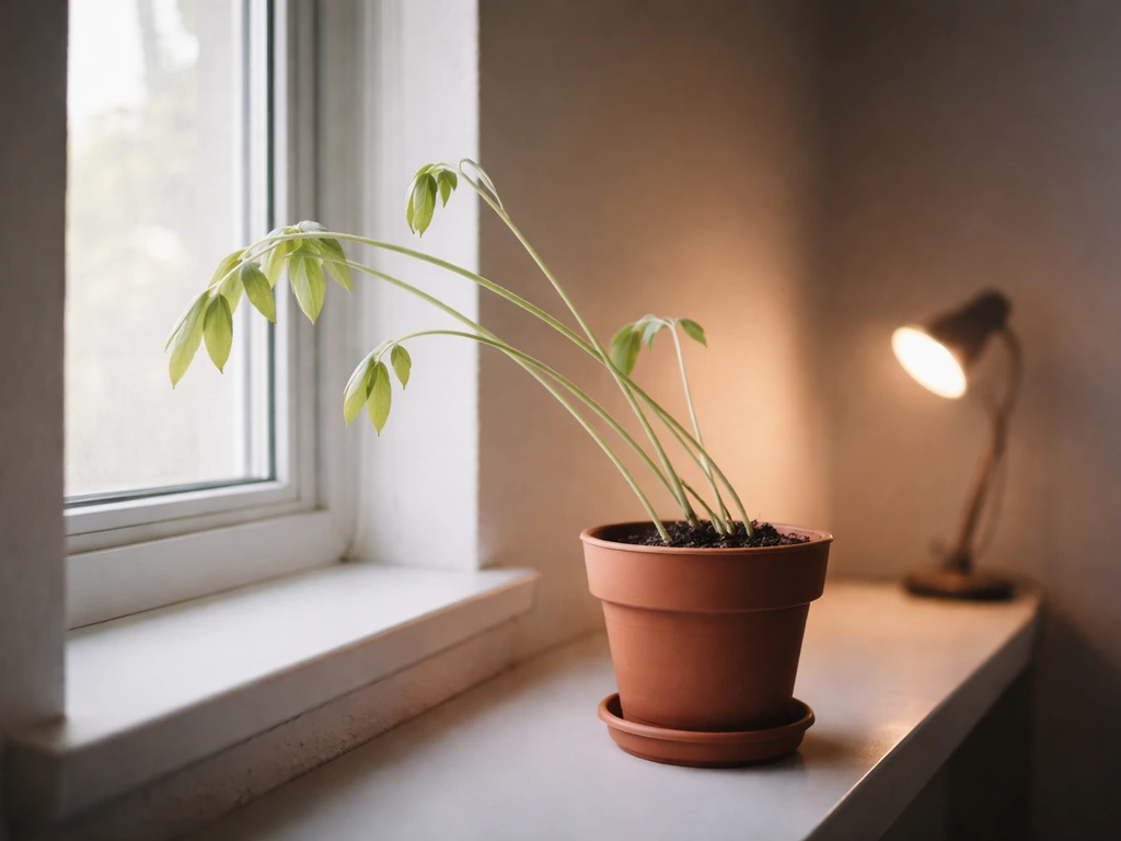 Leggy pale houseplant with floppy leaves stretching toward a bright window, implying more light is needed.
