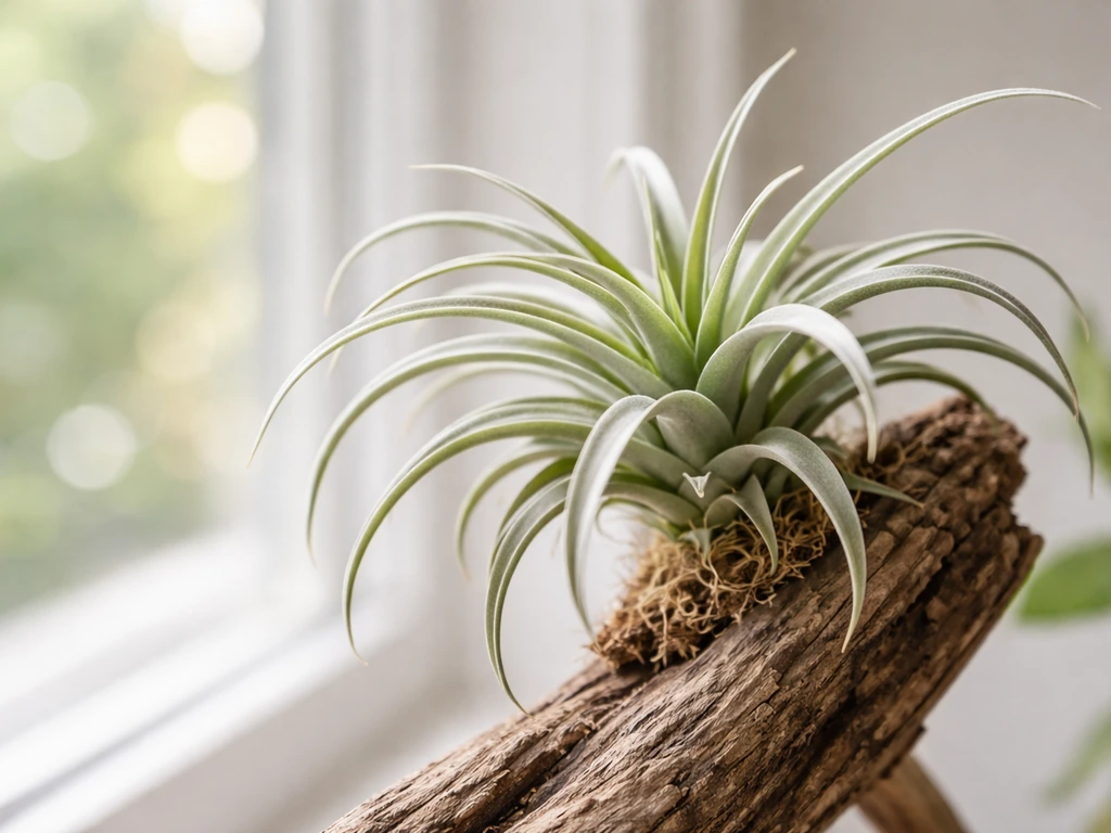 An air plant mounted indoors in bright window light, showing it can thrive indoors.