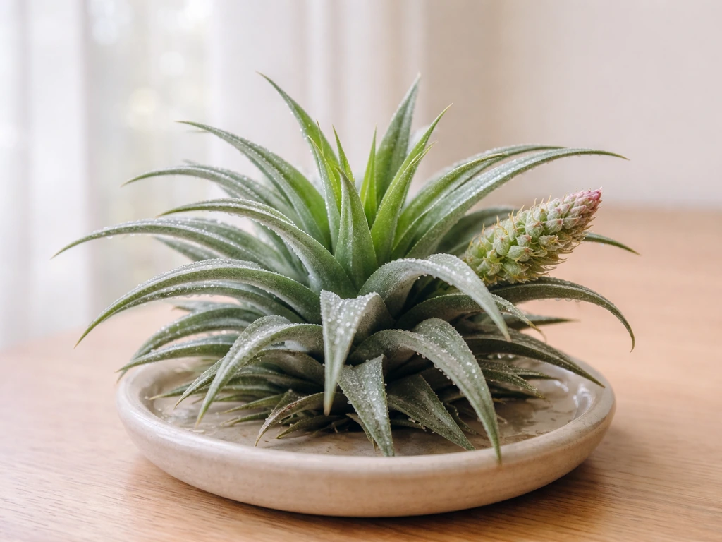 Indoor Tillandsia air plant showing fresh new leaves and a developing bloom.