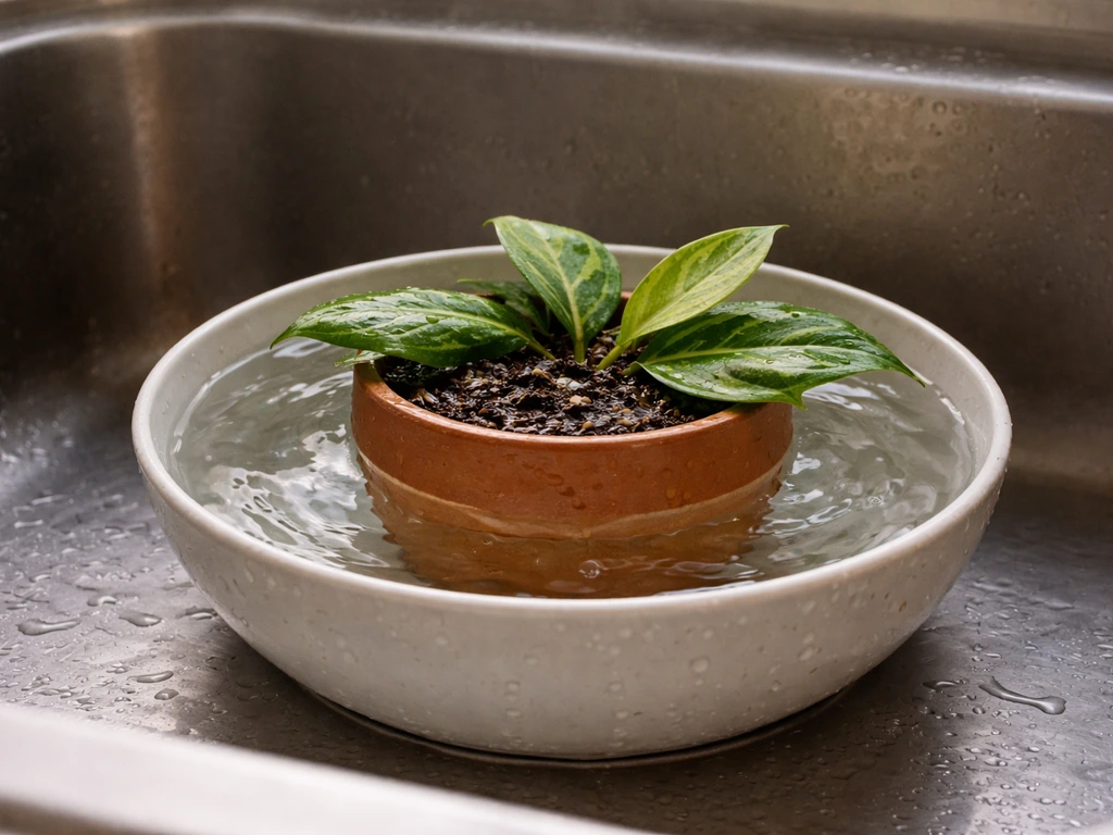 Houseplant leaves face-down in a sink bowl soaking in water, then draining.