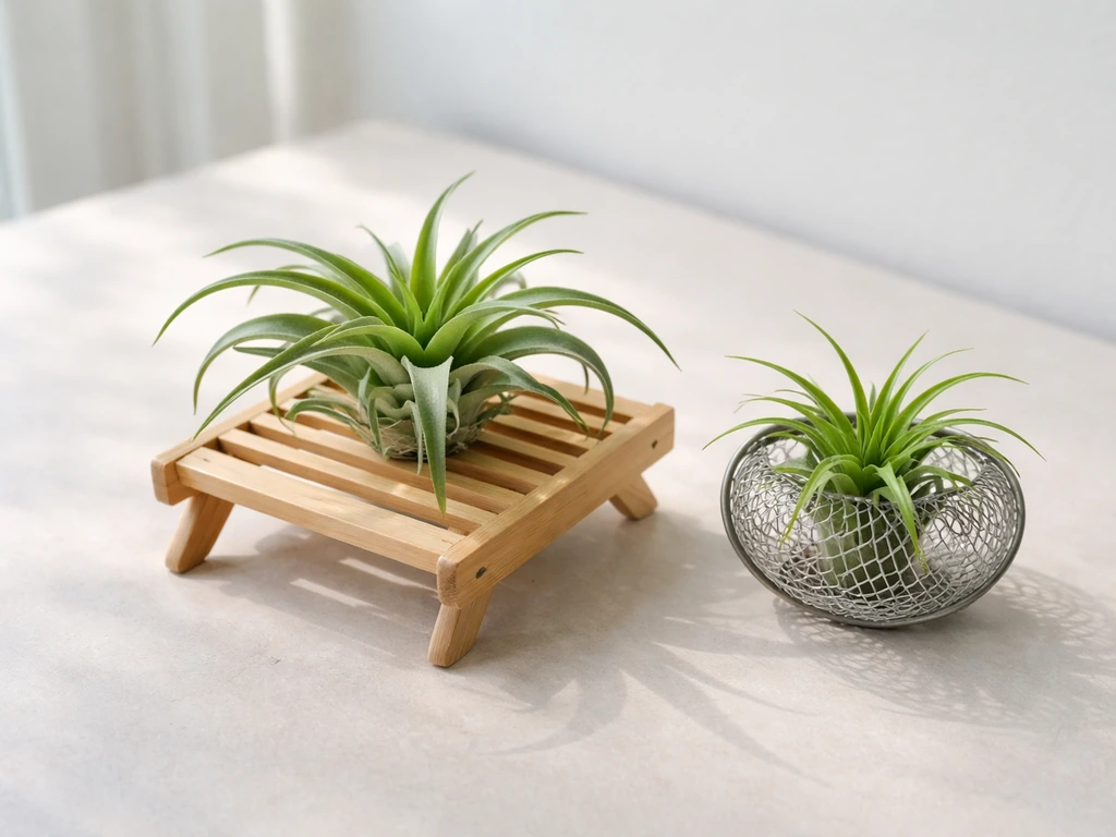 Air plants mounted on a wooden stand and wire holder indoors with visible airflow around the leaves.