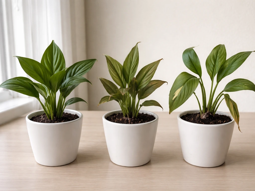 Three potted indoor plants side-by-side: one healthy, one brown dry tips, one with mushy base rot.