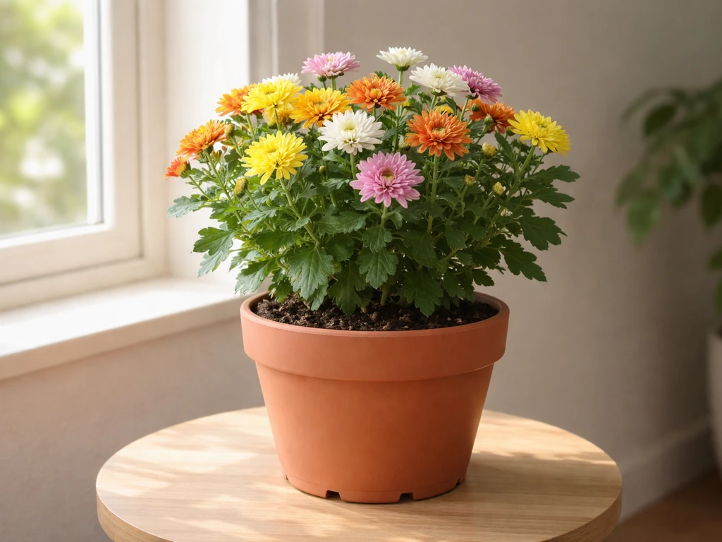 Colorful potted mum near a bright window, healthy blooms indoors with natural daylight.