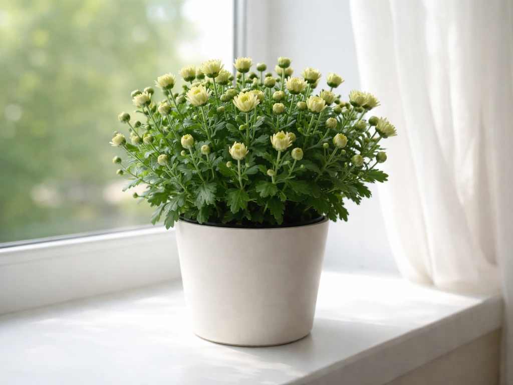 Potted indoor mum with mostly closed buds on a bright windowsill in natural daylight.
