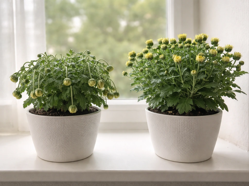 Two potted mums on a windowsill: left buds drooping, right buds upright and opening.