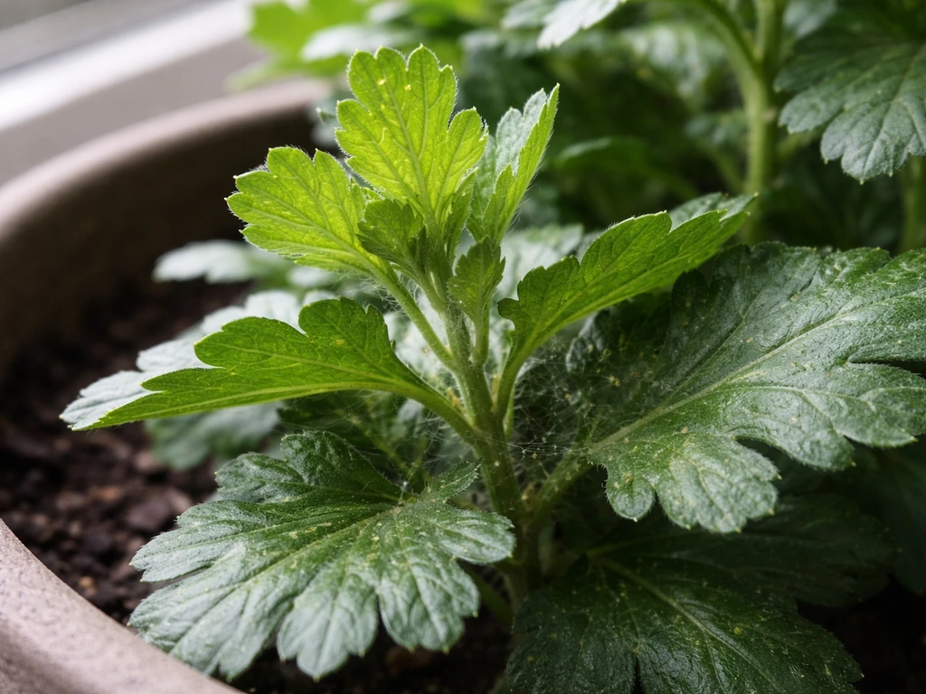 Close-up of indoor mum leaves showing early signs of aphids and spider mites on new growth and undersides.