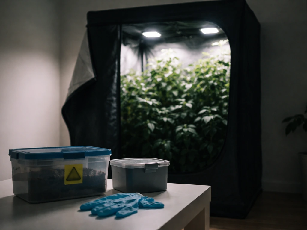 Indoor grow tent with dense dark-green nightshade-like foliage under LED lights and sealed safety supplies in front.