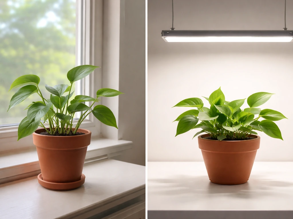 Split scene: bright south-facing windowsill vs full-spectrum grow light setup for indoor plants.