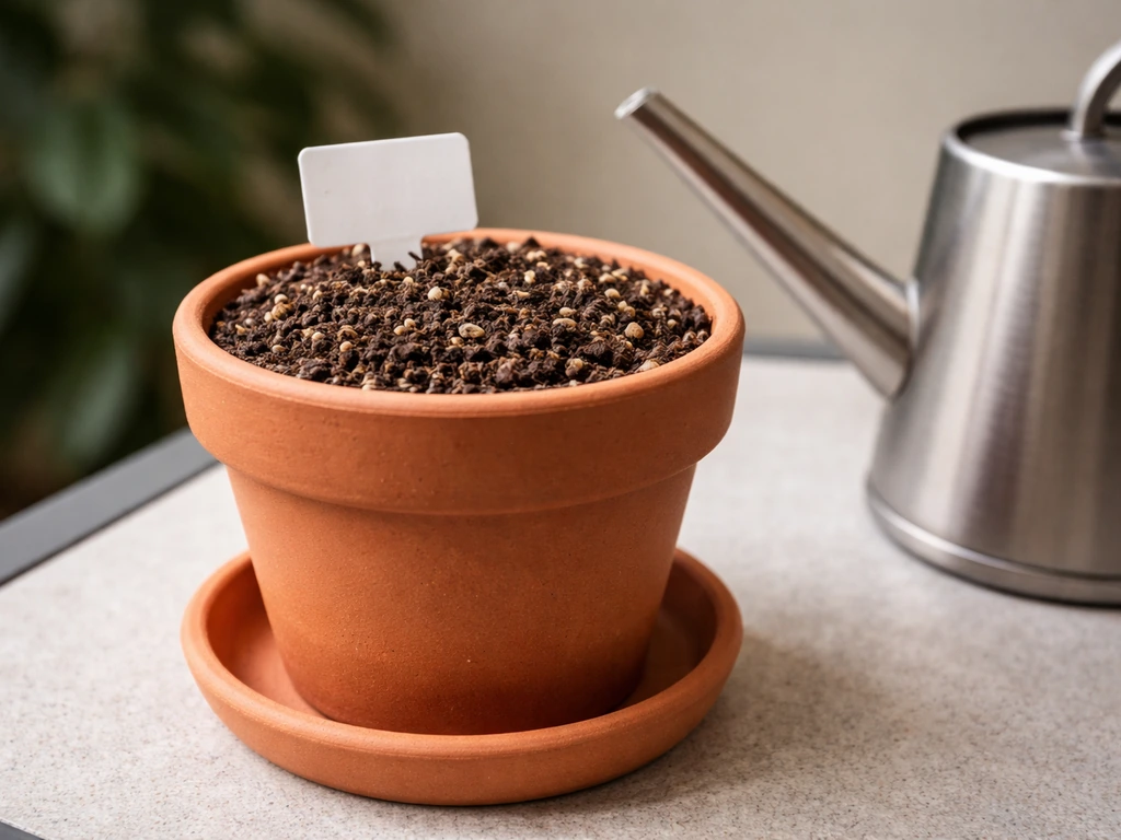 Close-up of a clay pot with loamy potting mix, saucer underneath, and a watering can nearby.
