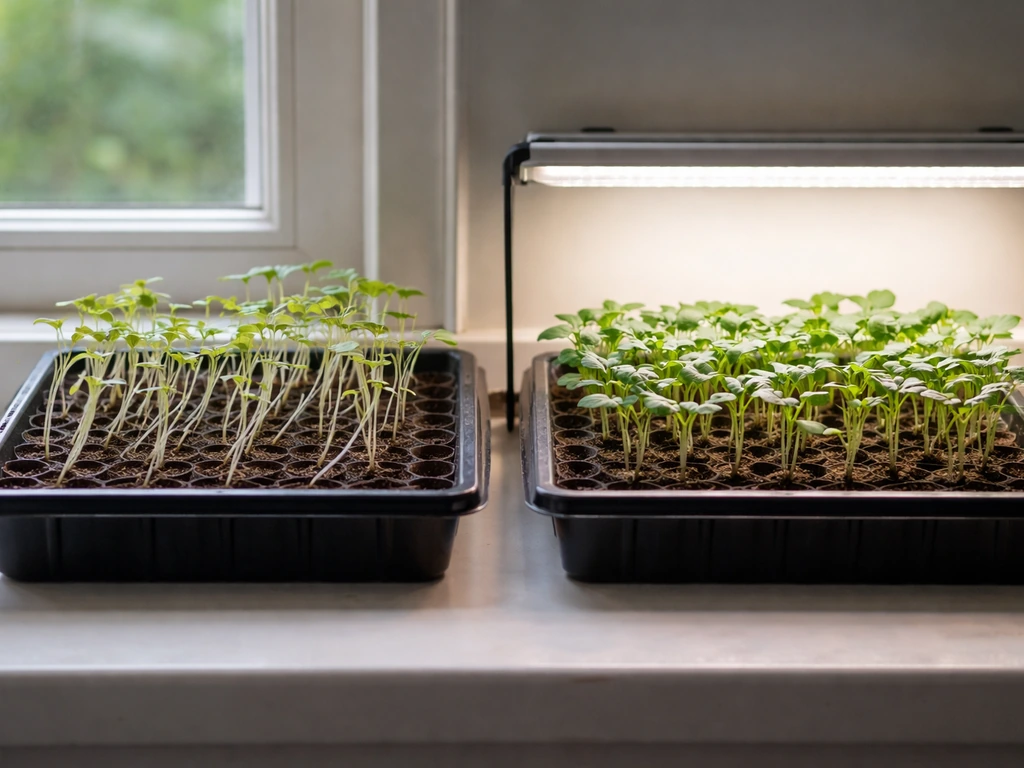 Leggy seedlings on the left and healthy seedlings under a grow light on the right, side-by-side in a tray.