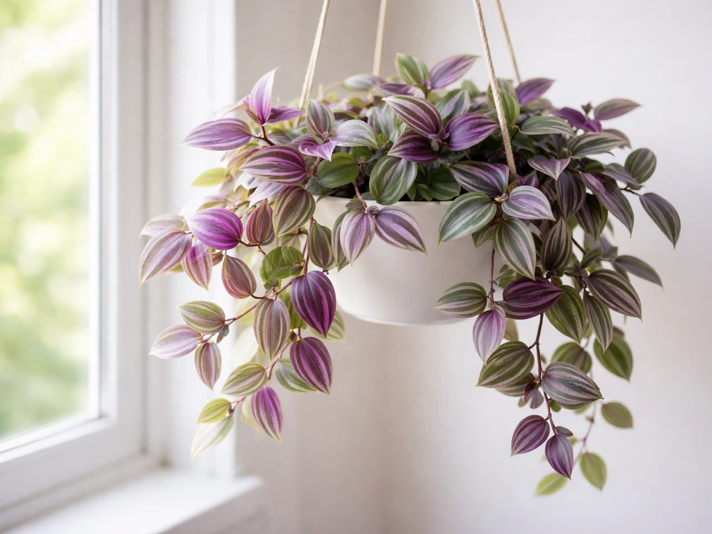 Healthy Tradescantia trailing from a hanging planter by a bright indoor window.