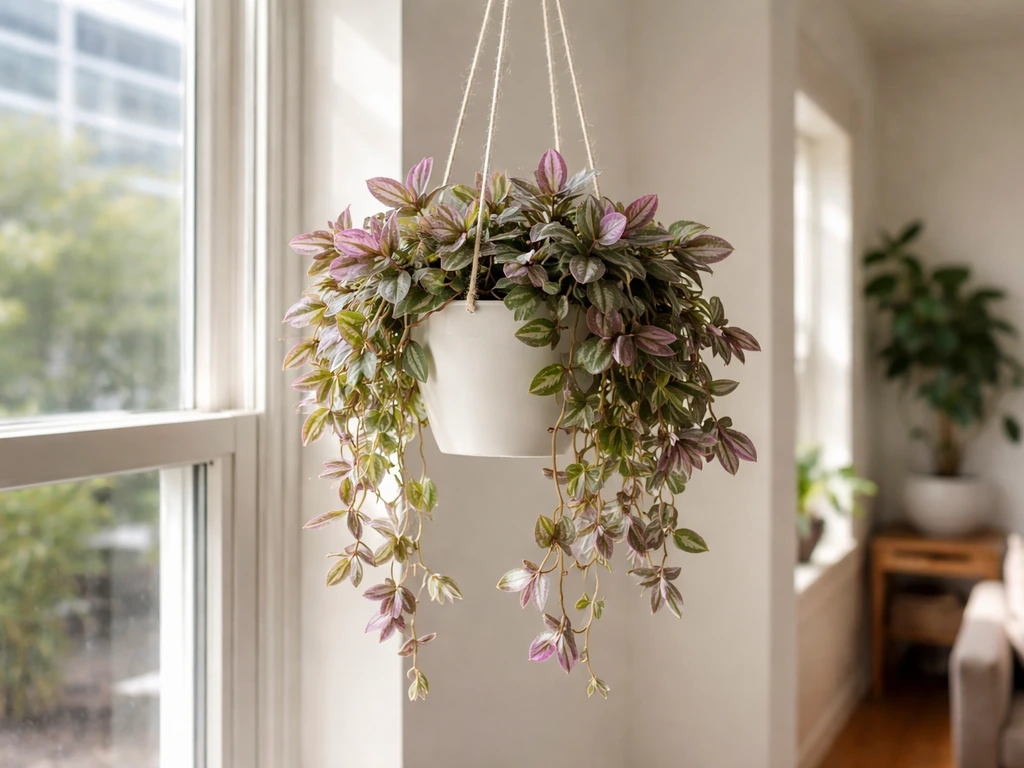 Lush Tradescantia trailing from a hanging pot near a bright window indoors.