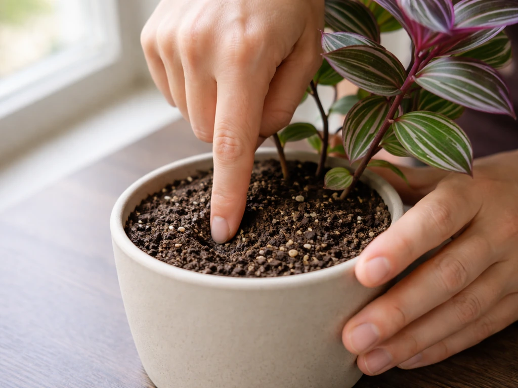 Hands insert a finger into the top soil of a small Tradescantia pot to check moisture before watering.