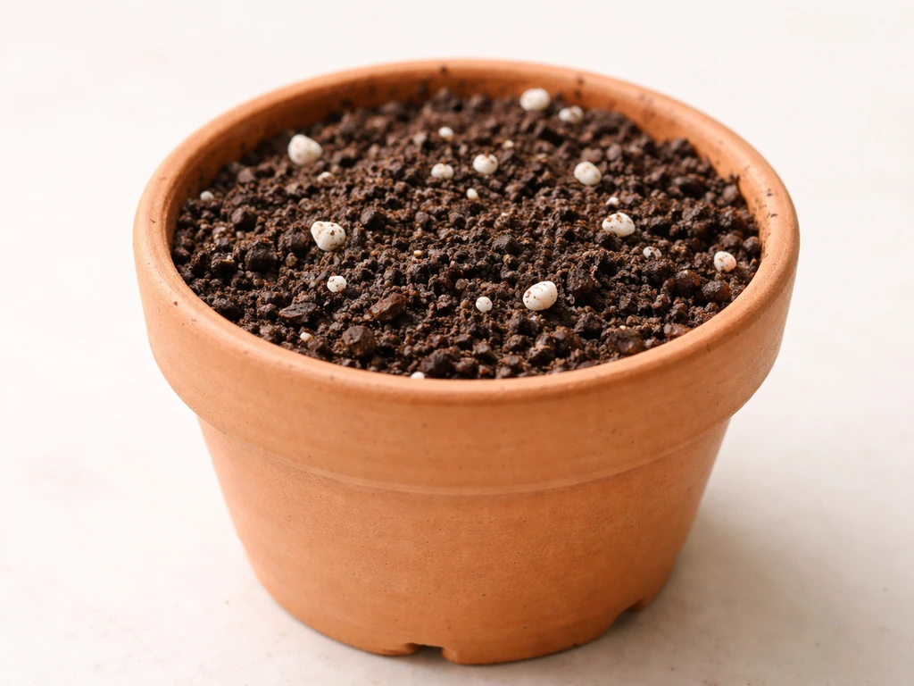 Close-up of a potting mix with perlite in a plant pot showing good drainage