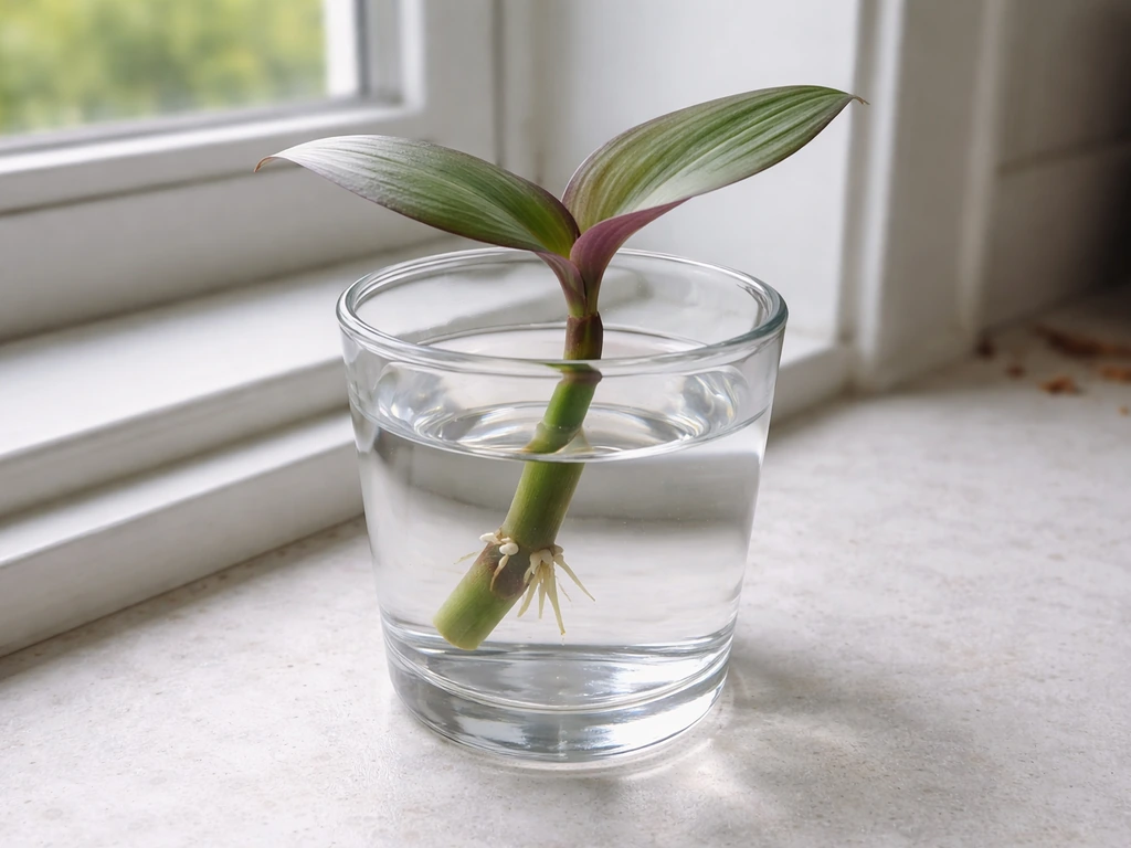 Single Tradescantia cutting in clear water on a sunny windowsill, with the leaf node visible for rooting.