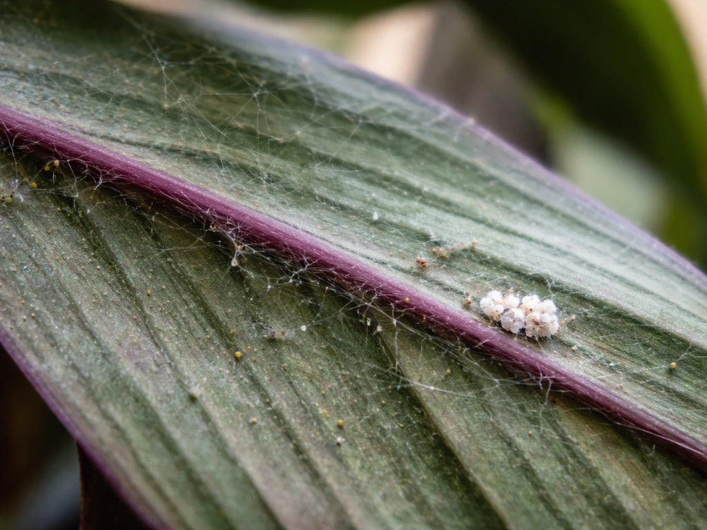 Close-up underside of Tradescantia leaves showing fine spider mite webbing and small white mealybug clusters.