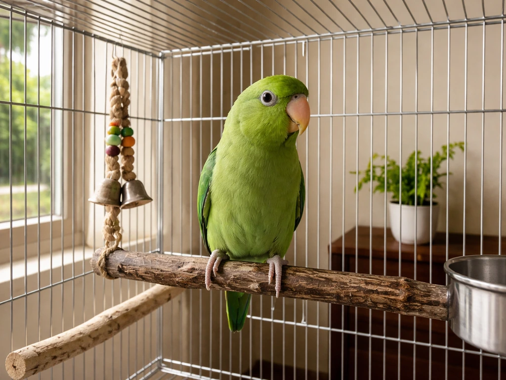 Healthy green parrot perched inside a well-placed indoor cage with sunlight from a nearby window