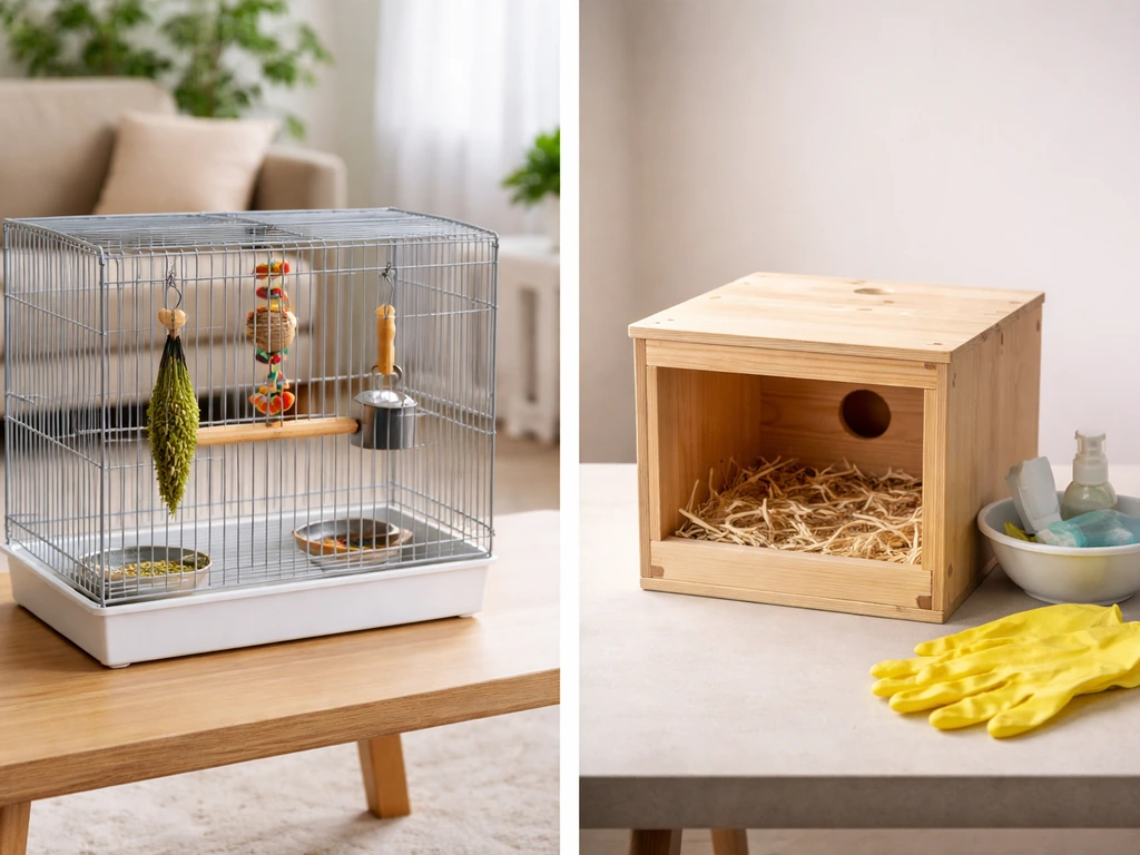 A tidy living-room pet parrot cage with toys and a separate empty nesting box setup on a table.