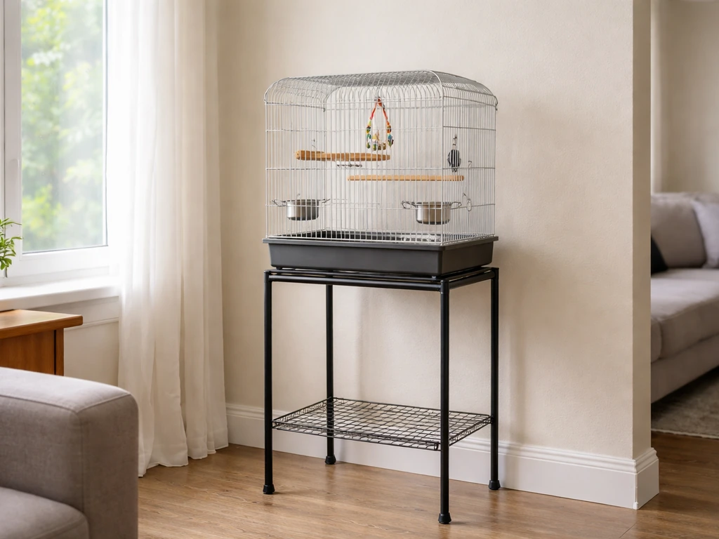 Appropriately sized parrot cage placed at safe height in a bright living room with clear viewing space.