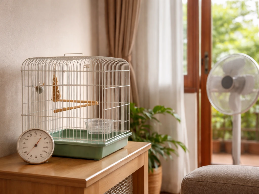 Thermometer/hygrometer beside a small parrot cage in a bright Indian living room with gentle ventilation