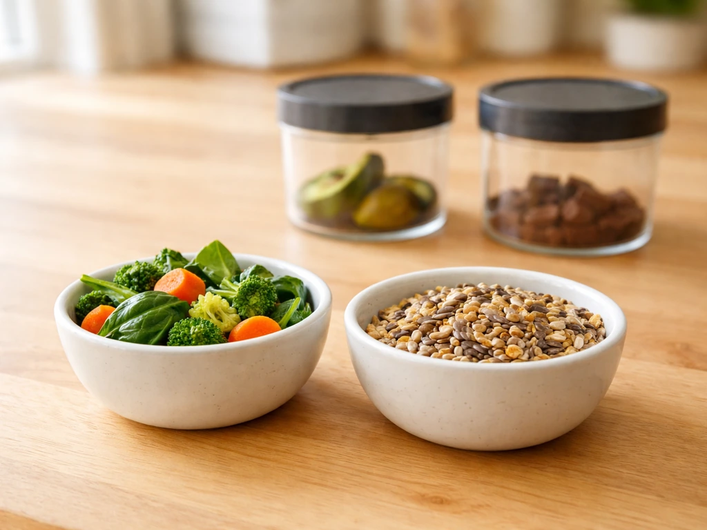 Two bowls on a wooden counter: chopped greens and vegetables beside mixed parrot seeds, with separate containers behind.