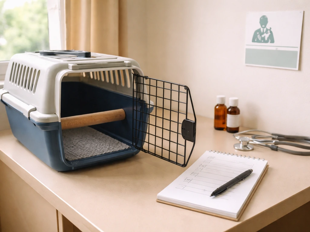 Bird-safe transport carrier and health preparedness items beside a veterinary phone card in a clinic room.