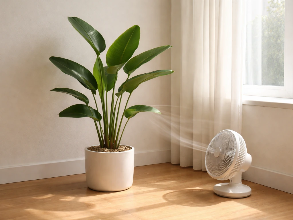 Bird of paradise near a bright window with gentle airflow from a small fan