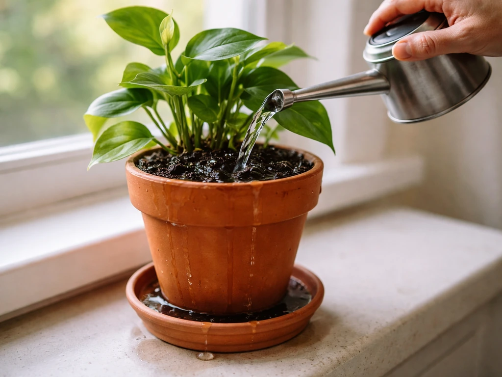 Hand watering a potted plant; water soaks the soil and drains from the pot into a saucer.