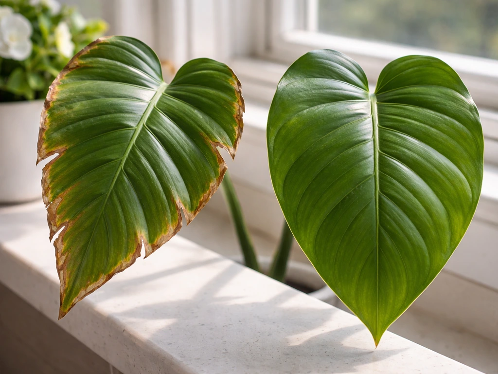 Close-up of two houseplants: one with leaf splitting, one with healthy intact leaves in soft natural light.
