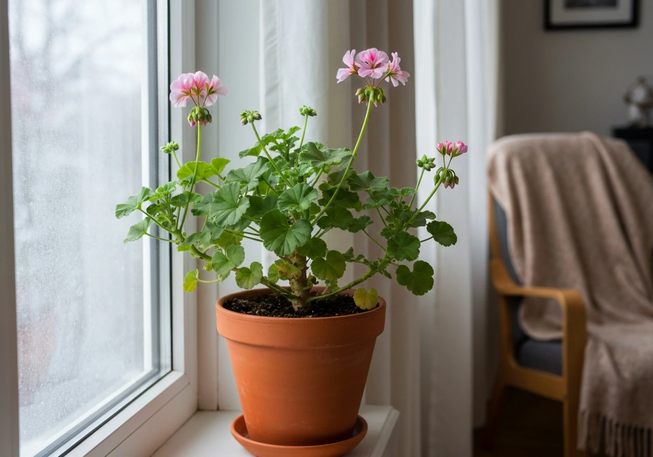 A healthy potted geranium by a bright winter window indoors, cozy atmosphere.