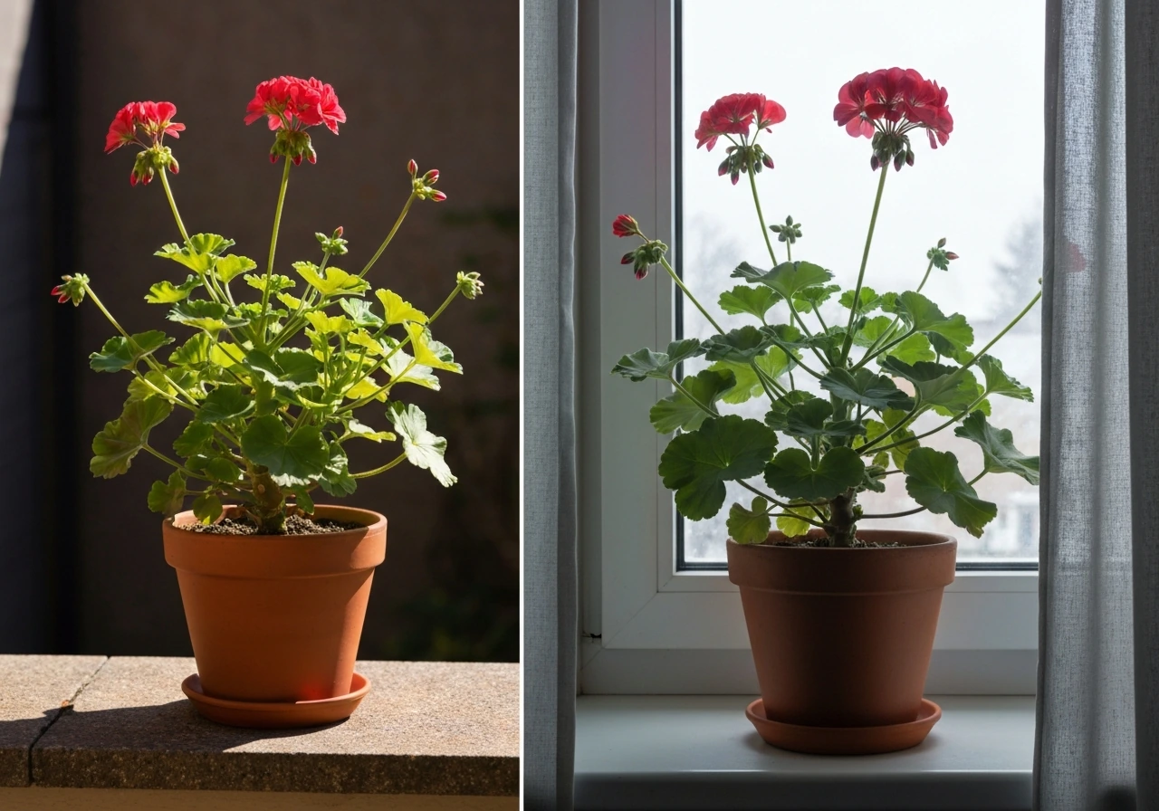 Geranium pots side-by-side: one in outdoor full sun, one indoors by a bright window.