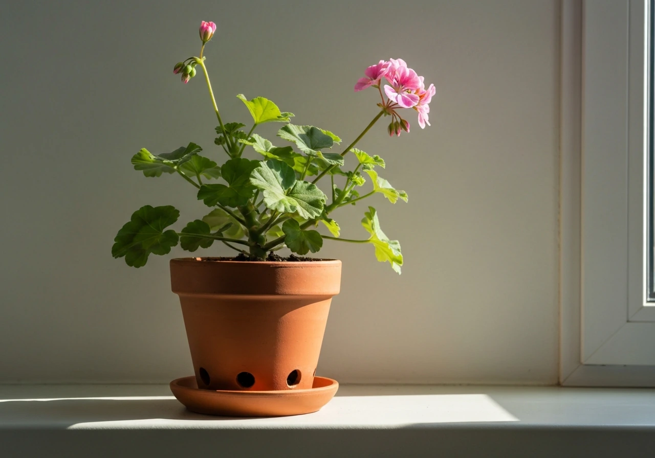 A geranium in a terracotta pot on a sunny indoor windowsill with drainage visible, winter-bright and minimal.