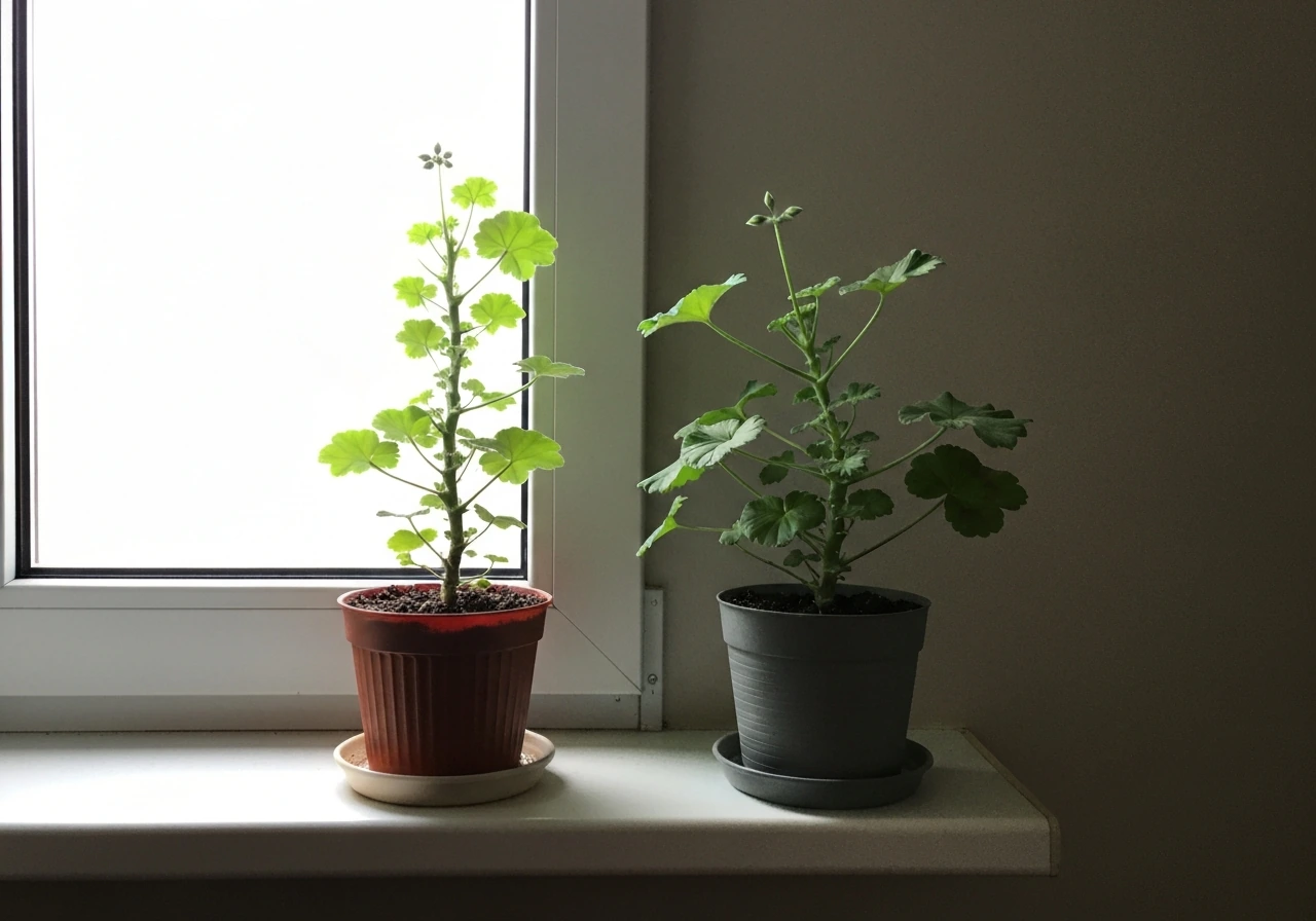 Two indoor geraniums on a windowsill: left leggy and sparse, right shorter and bushier after more light.