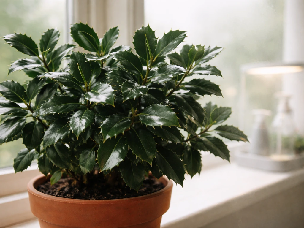 Close-up of a potted indoor Ilex holly with glossy leaves near a bright window.