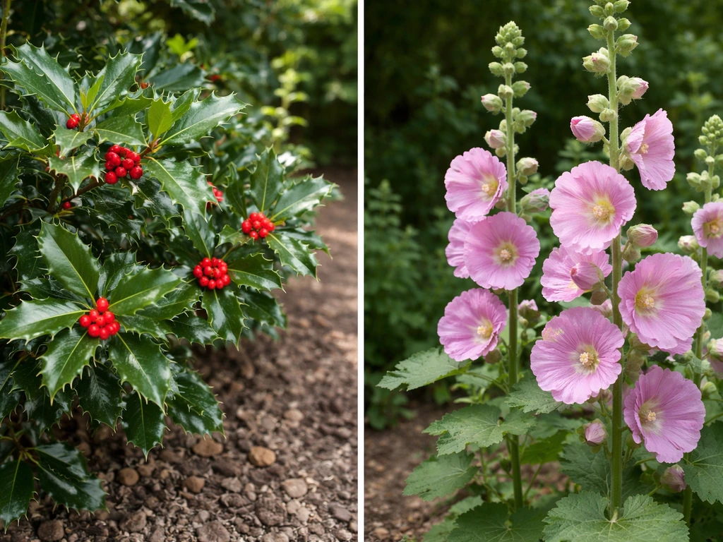 Side-by-side close-ups of holly leaves and berries and hollyhock blooms in natural garden light.