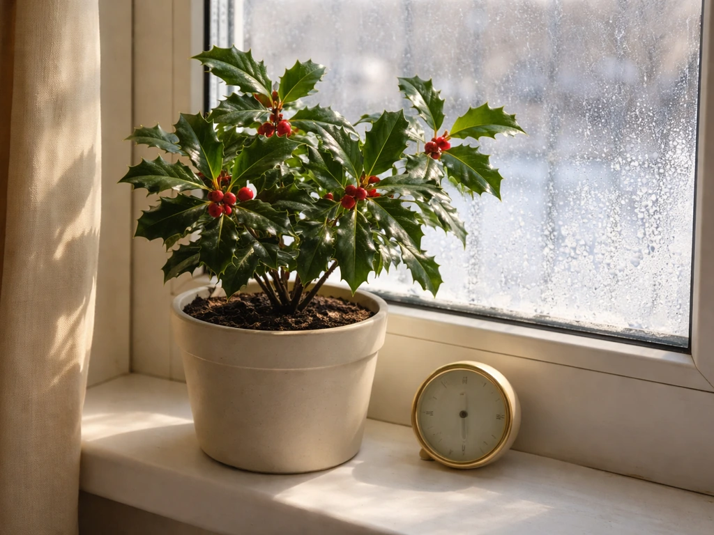 Indoor holly by a winter window with a small thermometer on the sill, suggesting cool-temperature needs.